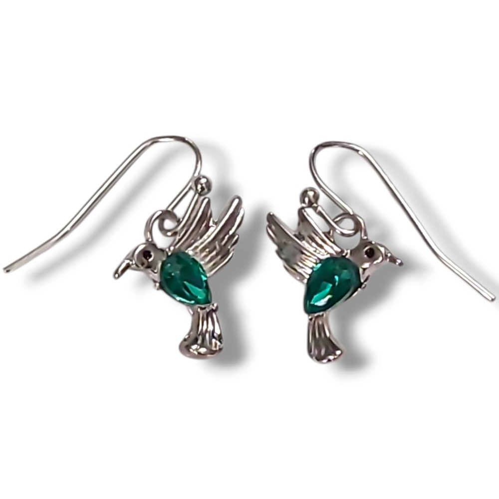 Dainty Sterling Silver 925 Green Crystal Hummingbird Dangle Earrings